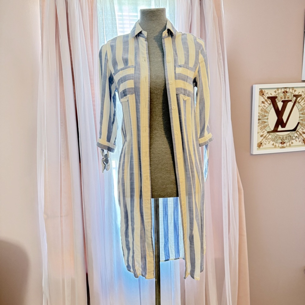 Long blue and white striped button-down